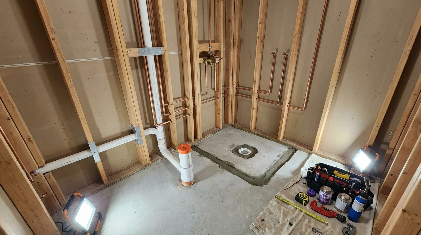 Bathroom rough-in plumbing during remodel by Johns Plumbing LLC in Lower Lake