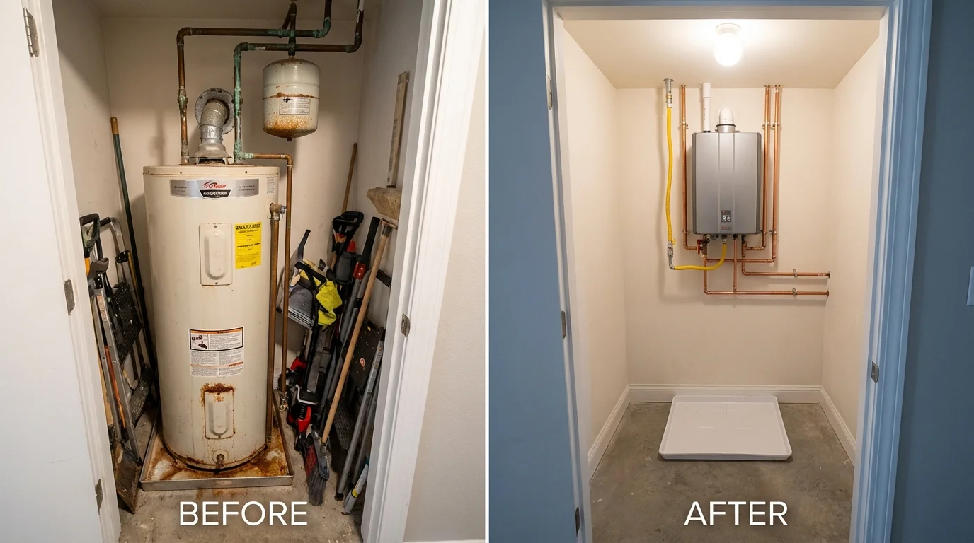 Tank water heater versus wall-mounted tankless unit comparison for Lower Lake, CA homeowners