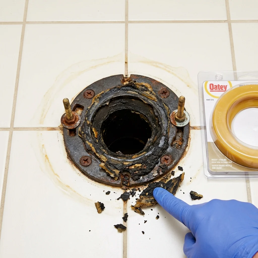 Failed wax ring showing water seepage at the base of a toilet in a Lower Lake, CA home