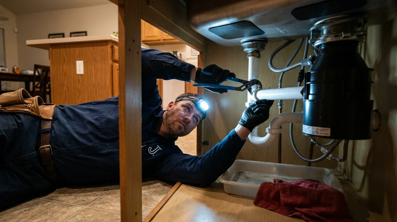 P-trap and supply line connections under a kitchen sink showing a common leak point in Lower Lake, CA